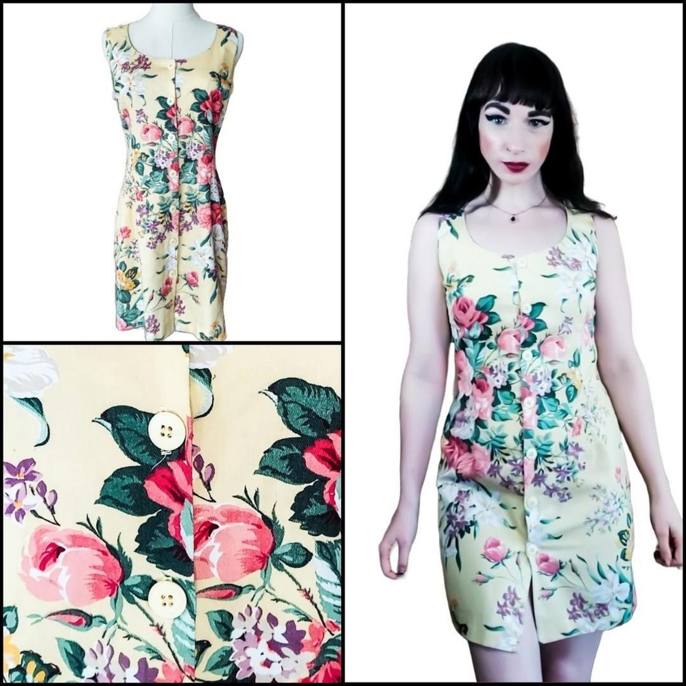 Vintage 1980s Granny Spring Yellow Pinafore Jumper Sleeveless Mini Dress